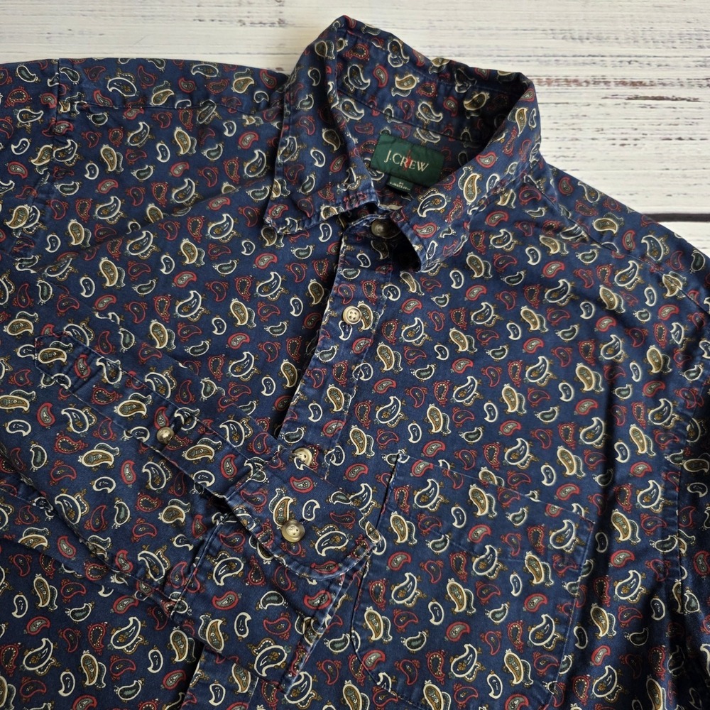 J Crew Oarsman Mens Medium Long‎ Sleeve Button Up AOP Paisley Print Navy Pocket